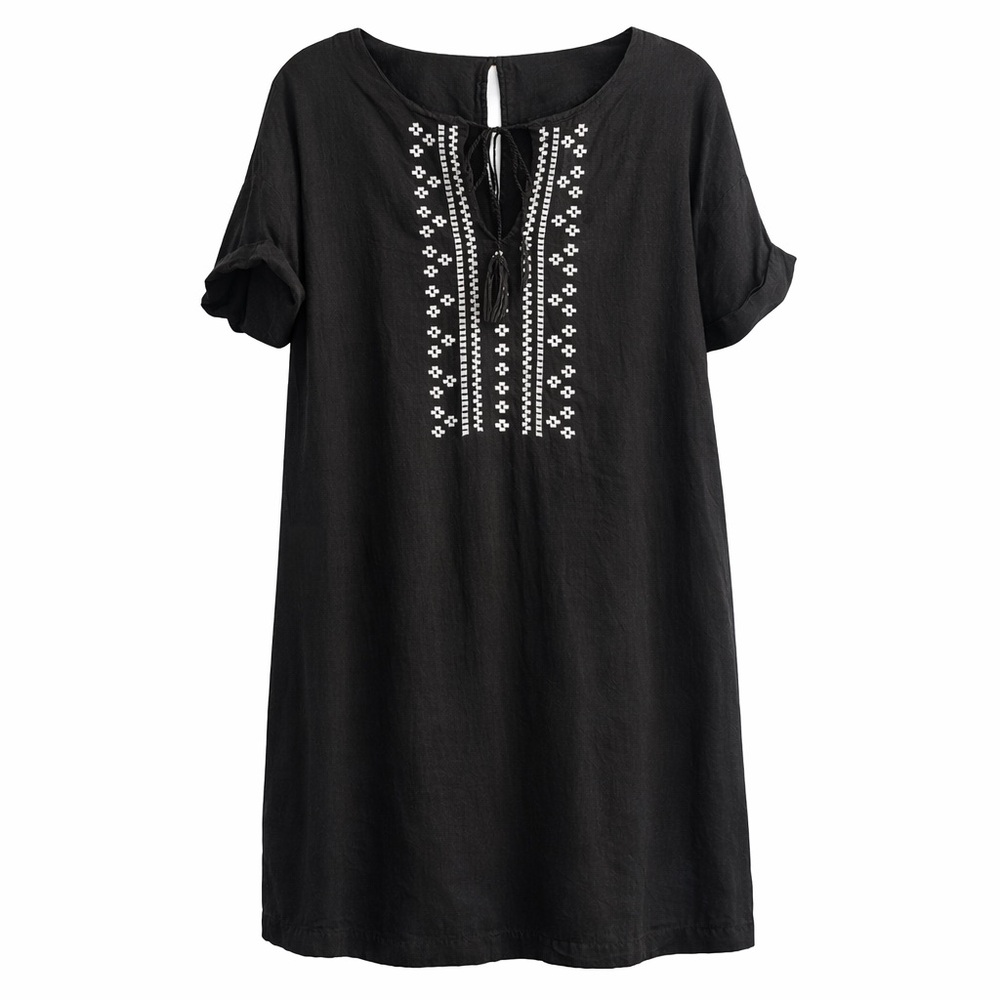 Old Navy Black Embroidered Boho Dress Size L Tassel Tie